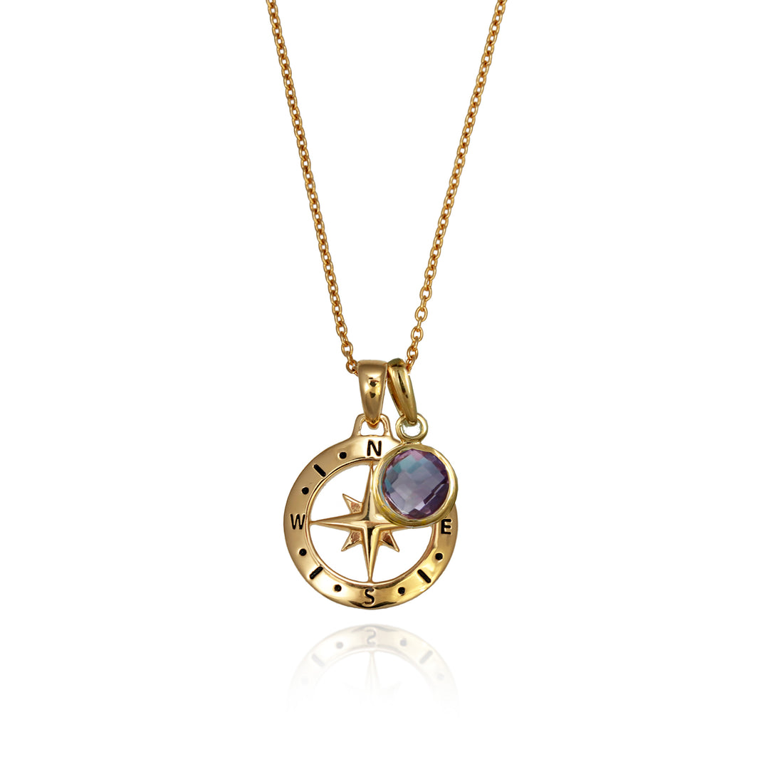 A gold versible compass necklace with a purple amethyst february birthstone charm and chain against a white background