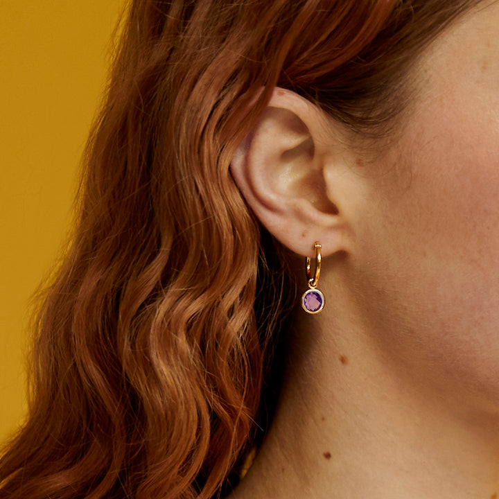 Close-up of an model wearing a gold hoop earring with a purple amethyst against a yellow background