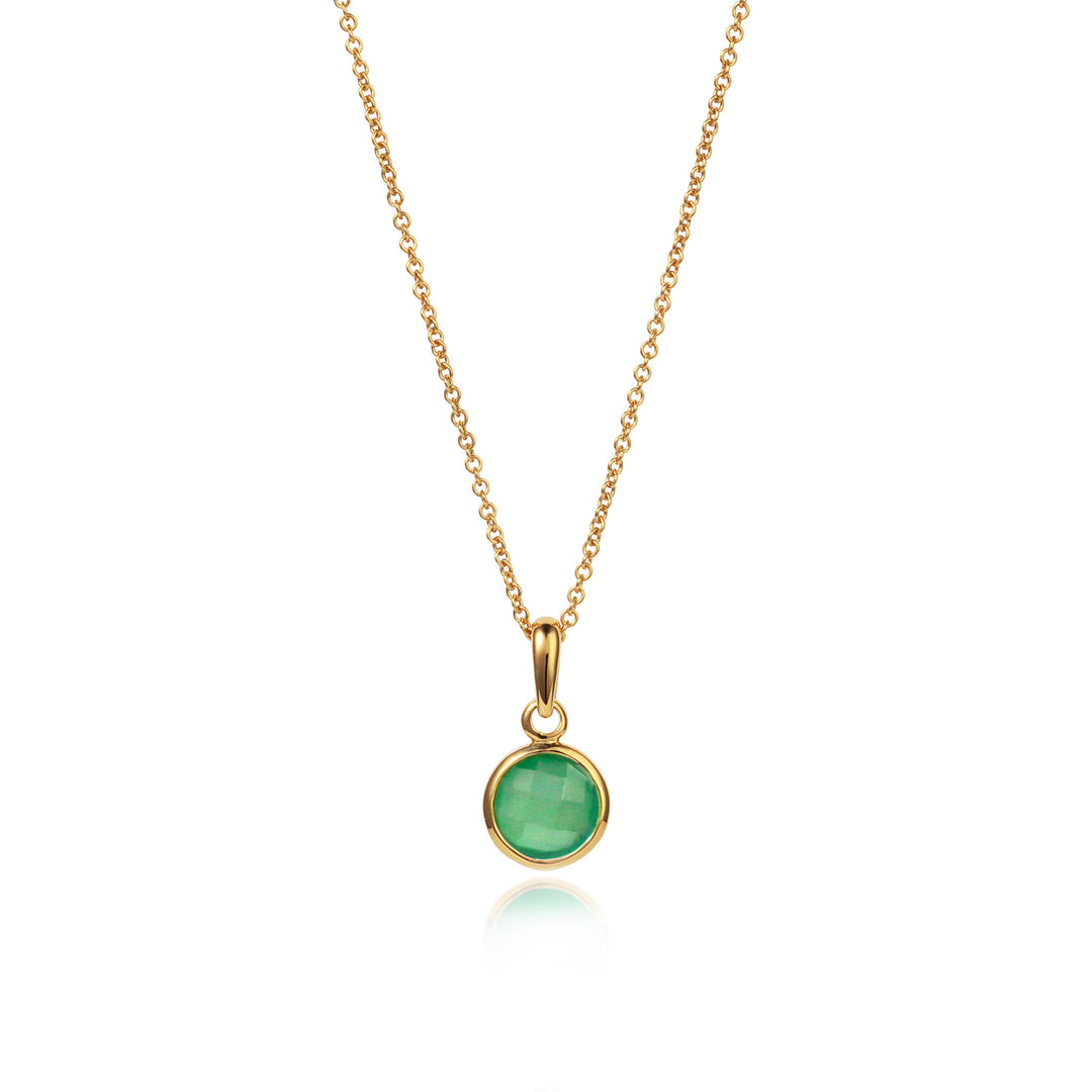 Dainty green quartz pendant set in gold vermeil with chain on a white background