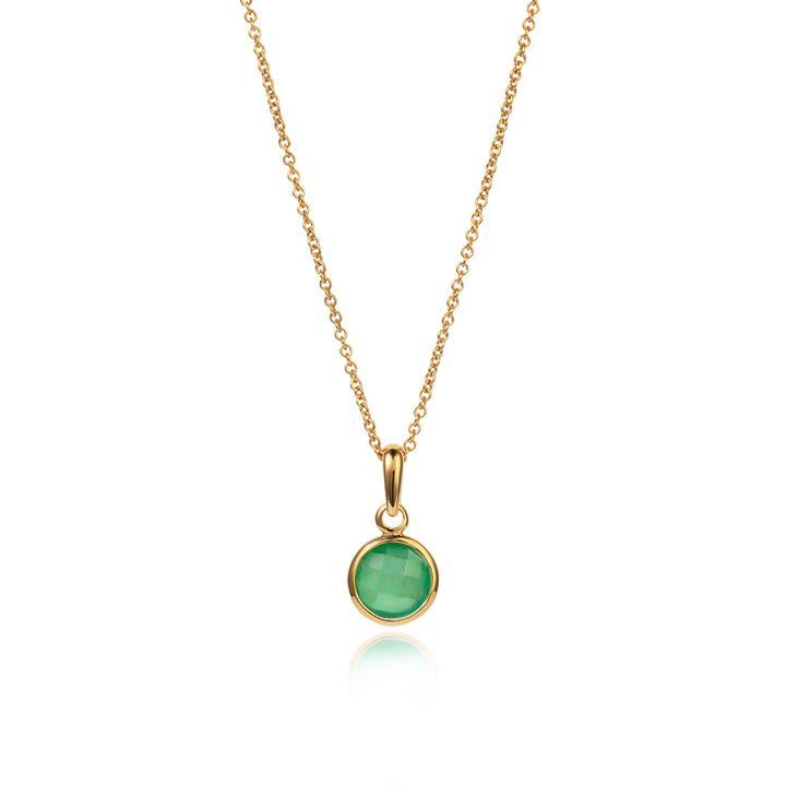 Dainty green quartz pendant set in gold vermeil with chain on a white background
