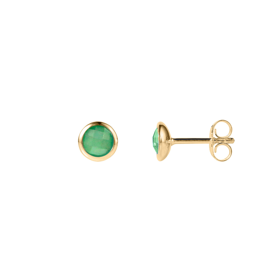 Gold vermeil stud earrings set with green quartz on a white background