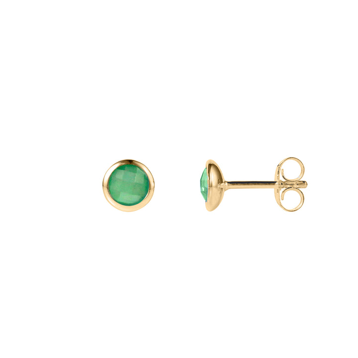 Gold vermeil stud earrings set with green quartz on a white background