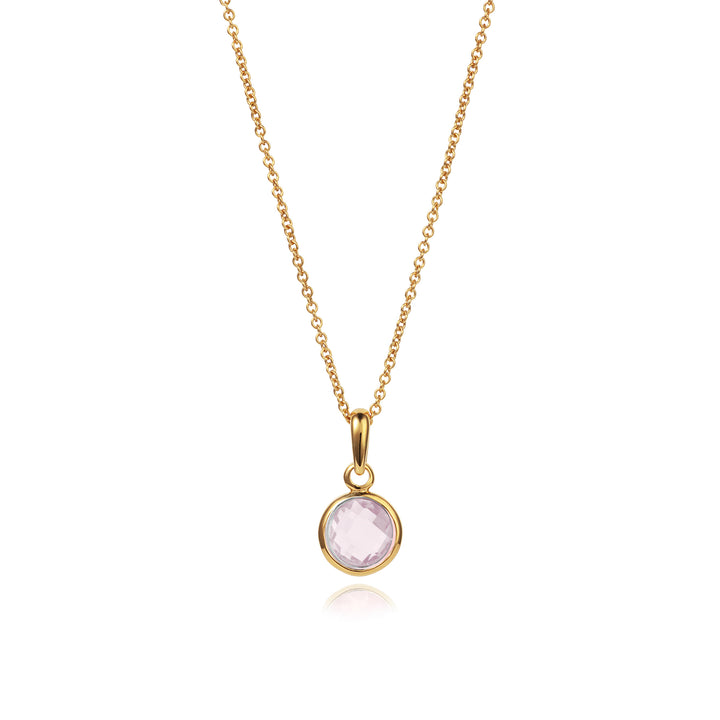 Dainty round gold necklace with a pink gemstone pendant on a white background