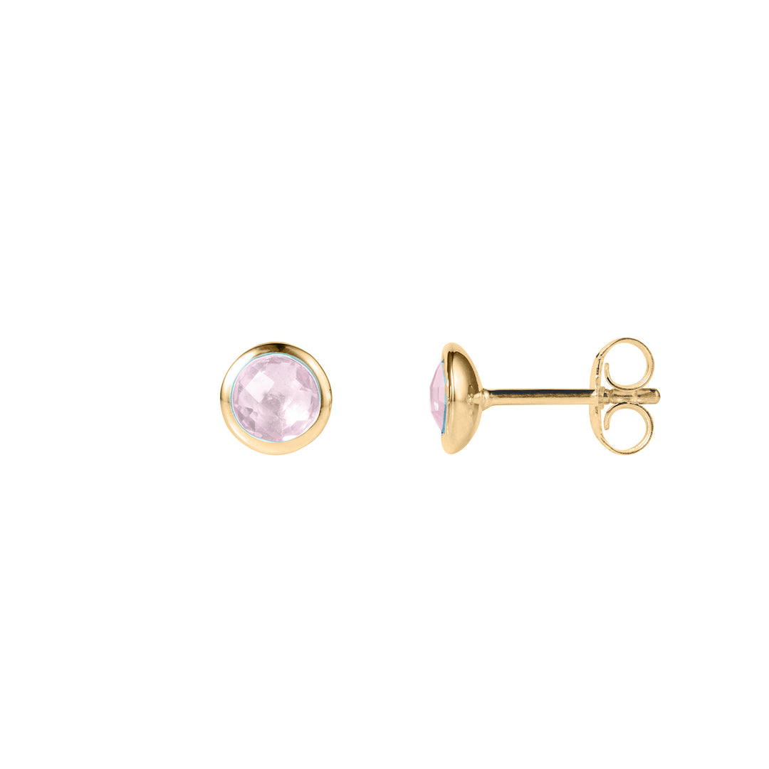 A pair of gold stud earrings set with pale pink rose quartz gemstones on a white background