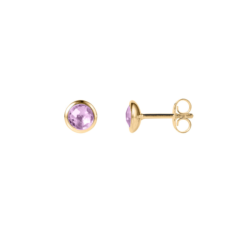 Gold stud earrings with natural amethyst gemstones on a white background