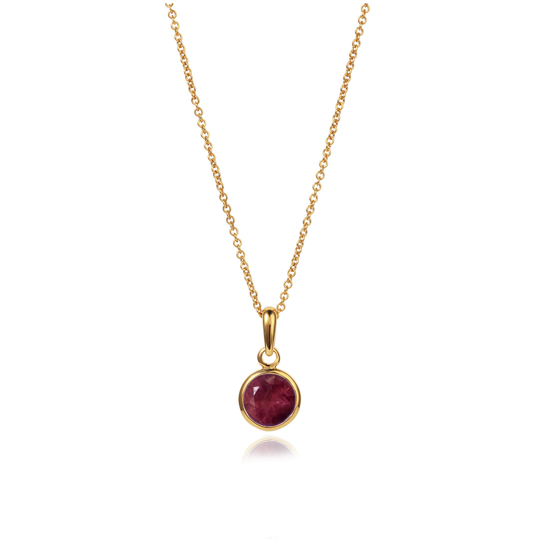 Dainty gold necklace with ruby pendant on a white background