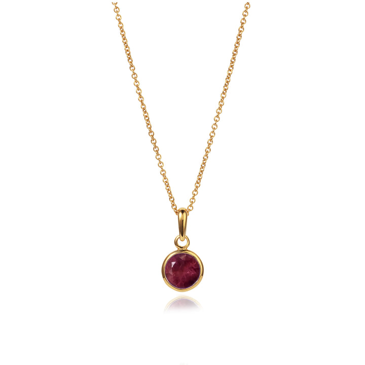 Dainty gold necklace with ruby pendant on a white background