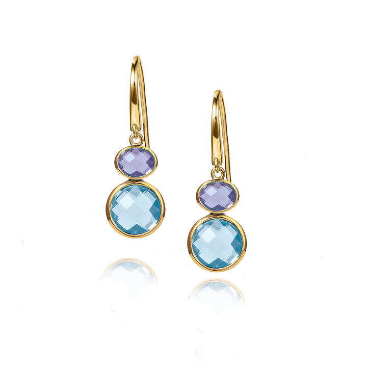 Gold hook earrings with purple and blue gemstones on a white background