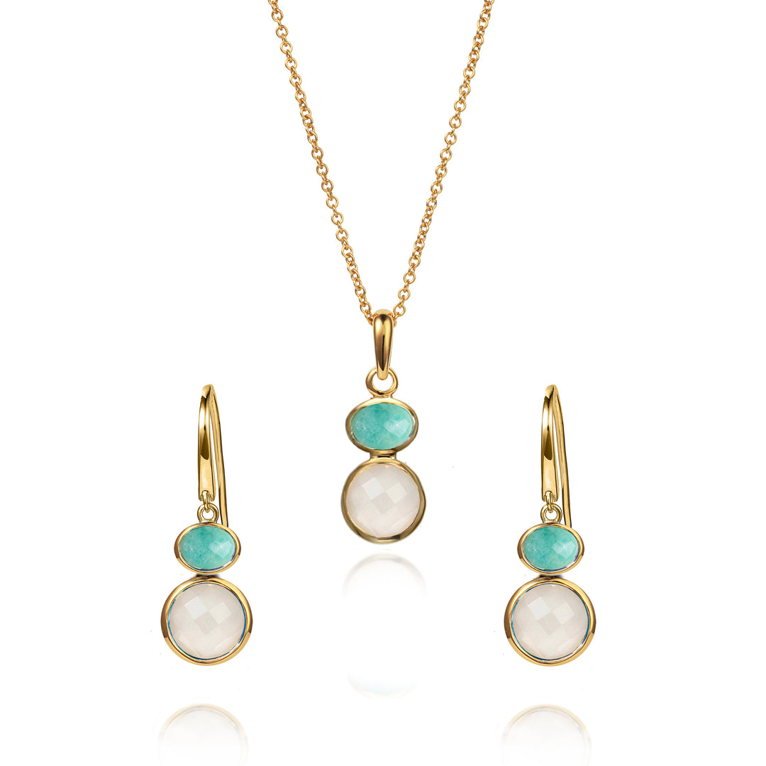 Jewelry set with gold necklaces and earrings featuring turquoise and moonstone stones on a white background.