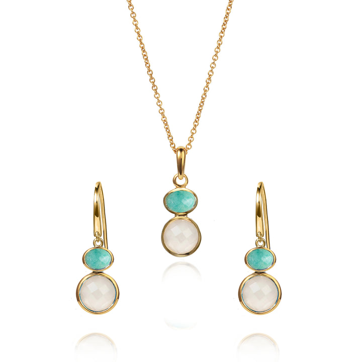 Jewelry set with gold necklaces and earrings featuring turquoise and moonstone stones on a white background.