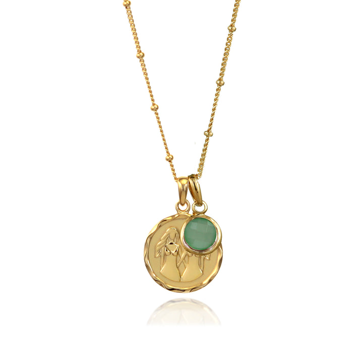 18t gold vermeil Gemini zodiac star sign pendant necklace with a green quartz May birthstone char