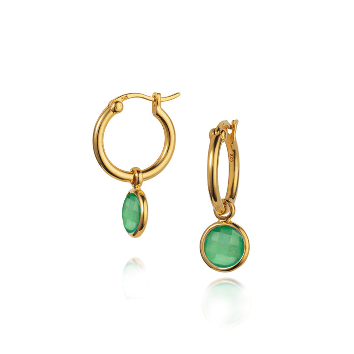Gold snap post hoop earrings with green gemstone pendants on a white background