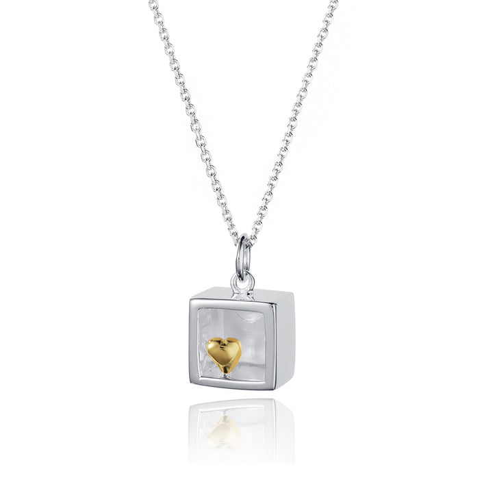 Silver square box necklace featuring a gold heart on a white background
