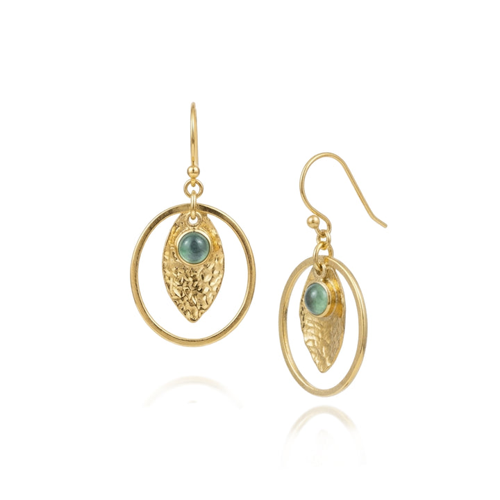 Gold hoop drop earrings with aqua blue chalcedony cabochon gemstones.