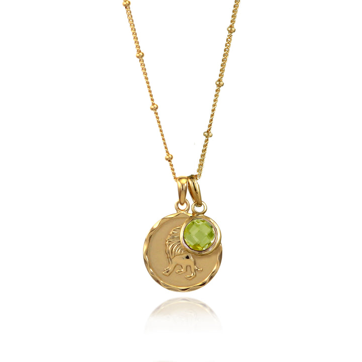 Gold Leo zodiac star sign necklace with peridot August birthstone charm