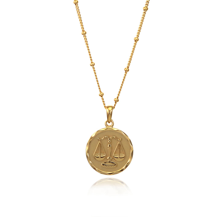 Gold Libra zodiac star sign necklace pendant with beaded chain