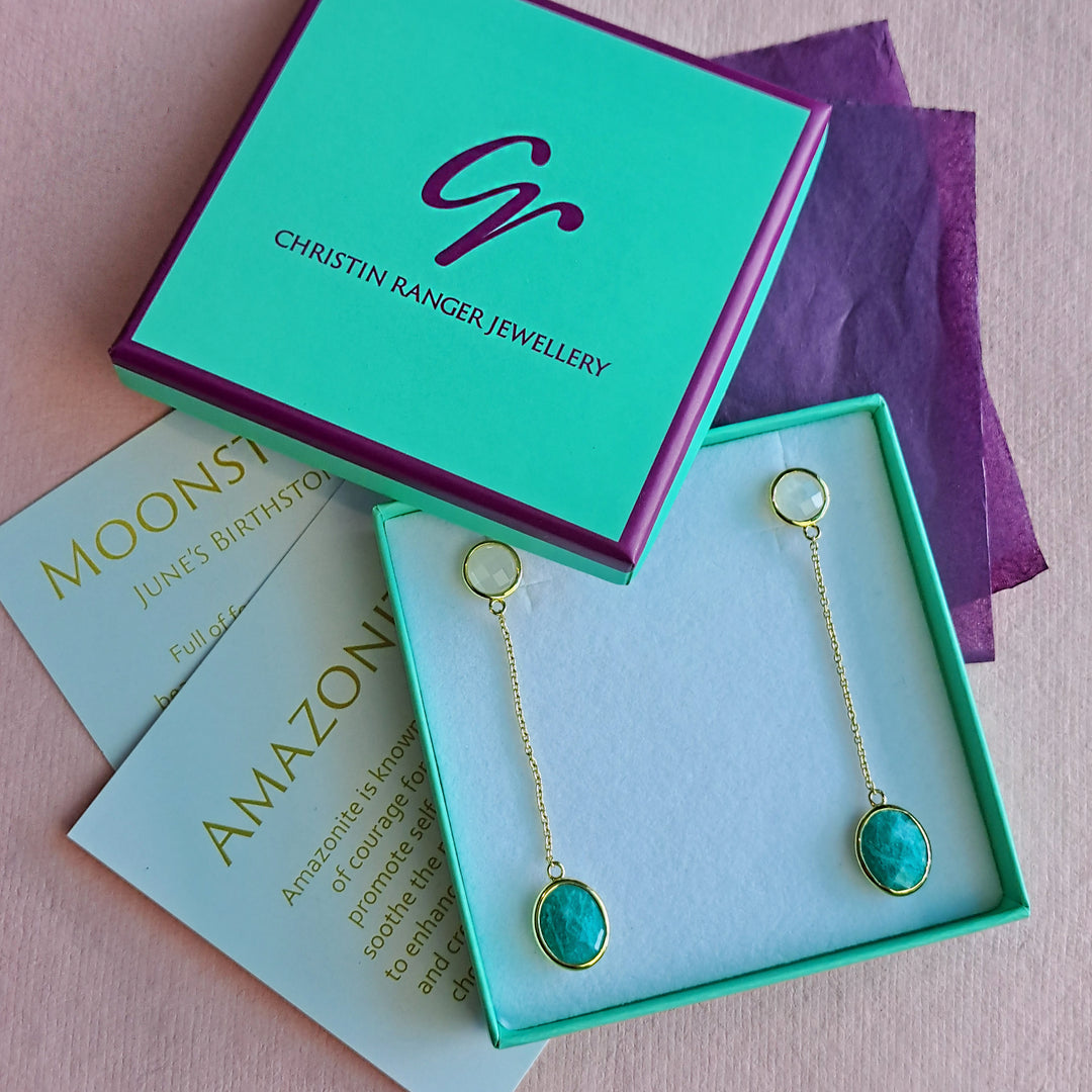 18ct gold vermeil amazonite and moonstone long drop earrings in Christin Ranger gift box