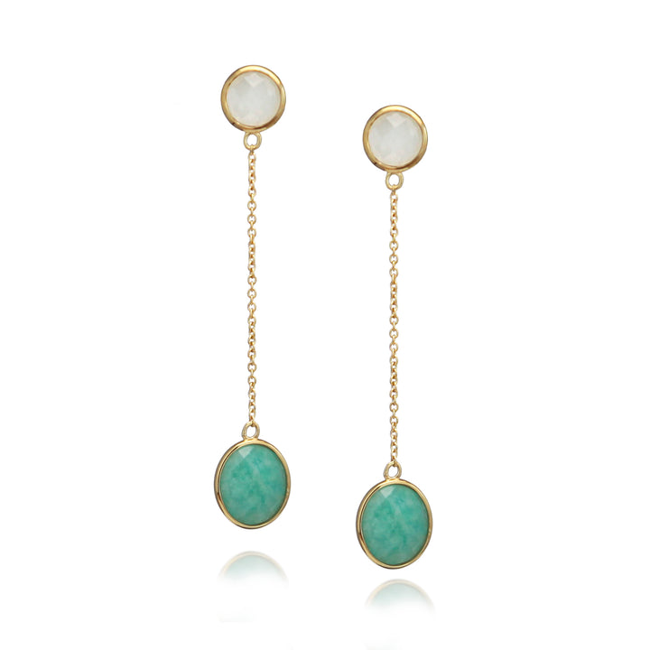 Long gold chain earrings with moonstone and amazonite gemstones on a white background