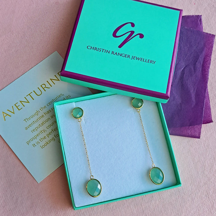 18ct gold vermeil jade-green aventurine long drop earrings in Christin Ranger gift box