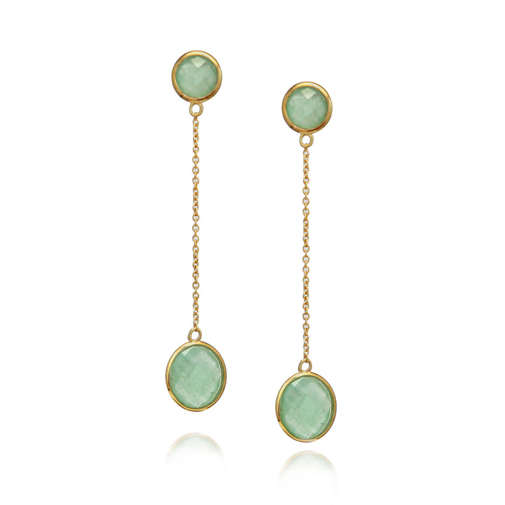 Gold long chain earrings with two green gemstones on a white background