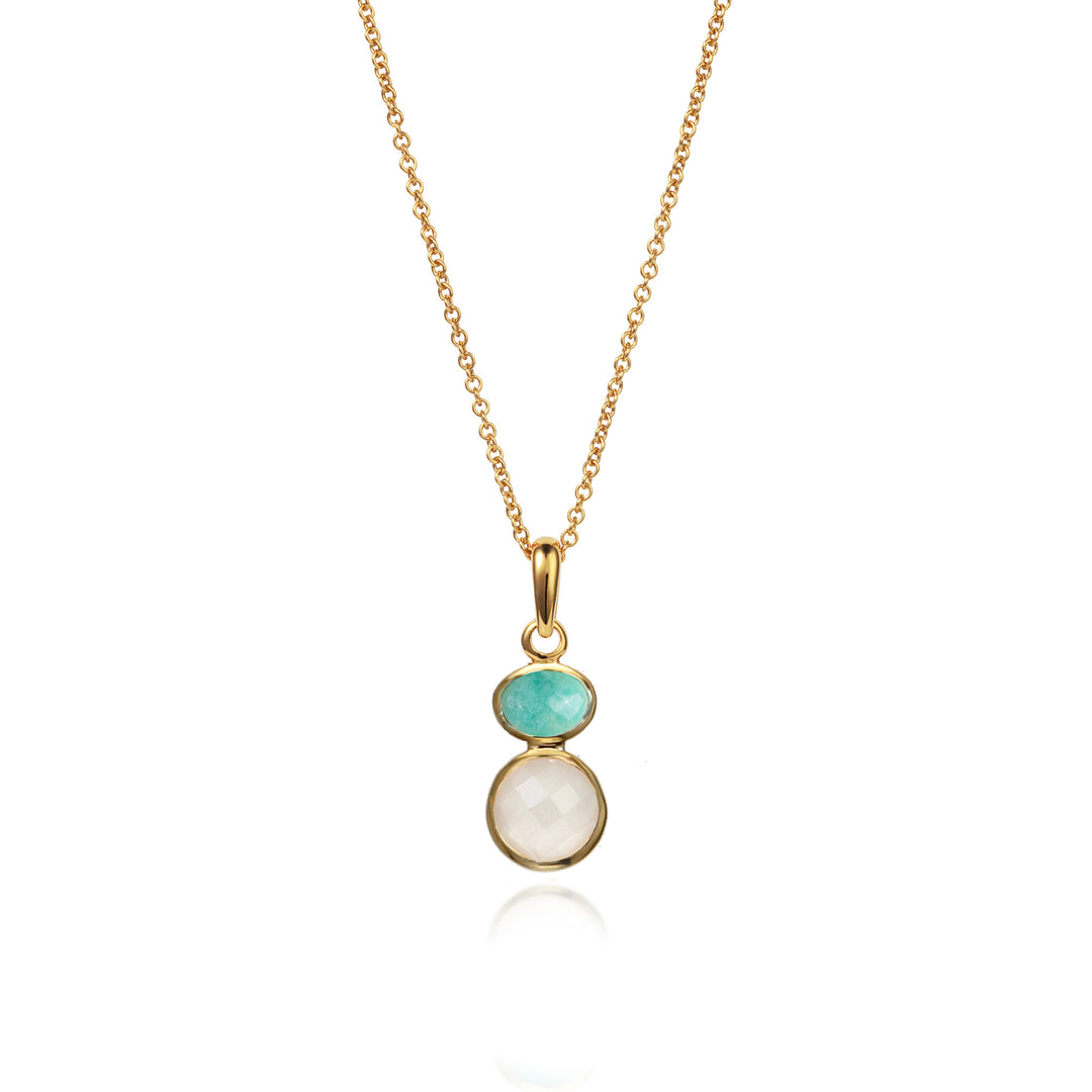 Gold necklace moonstone and green amazonite on a white background