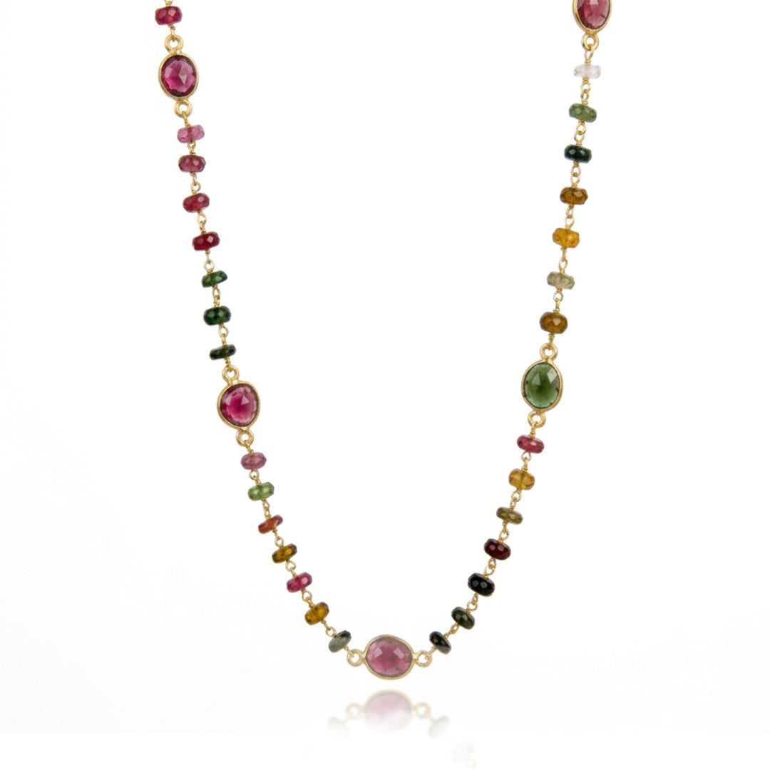Gold multi-coloured tourmaline beaded 60 cm necklace on white background