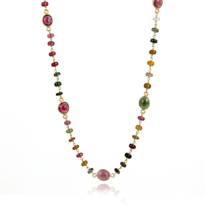 Gold multi-coloured tourmaline beaded 60 cm necklace on white background