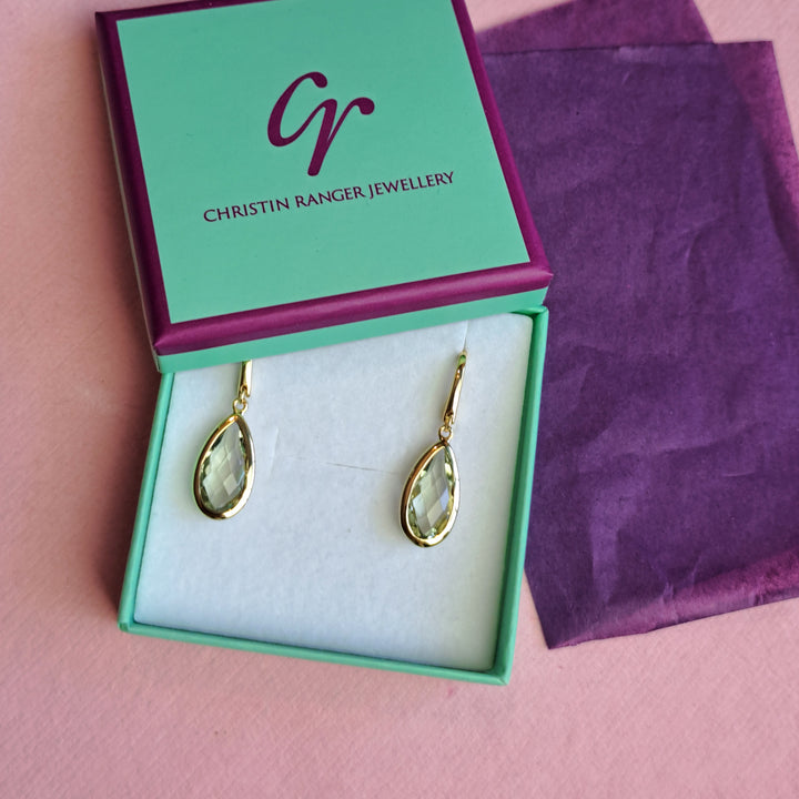 18ct gold vermeil pear drop earrings with green amethyst in Christin Ranger Jewellery gift packaging