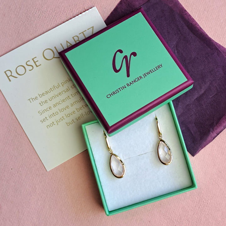 18ct gold vermeil pear drop earrings with rose quartz in Christin Ranger Jewellery gift packaging