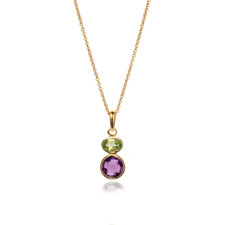 Gold necklace with amethyst and peridot gemstones on a white background