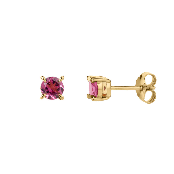 Gold stud earrings with pink gemstones on a white background