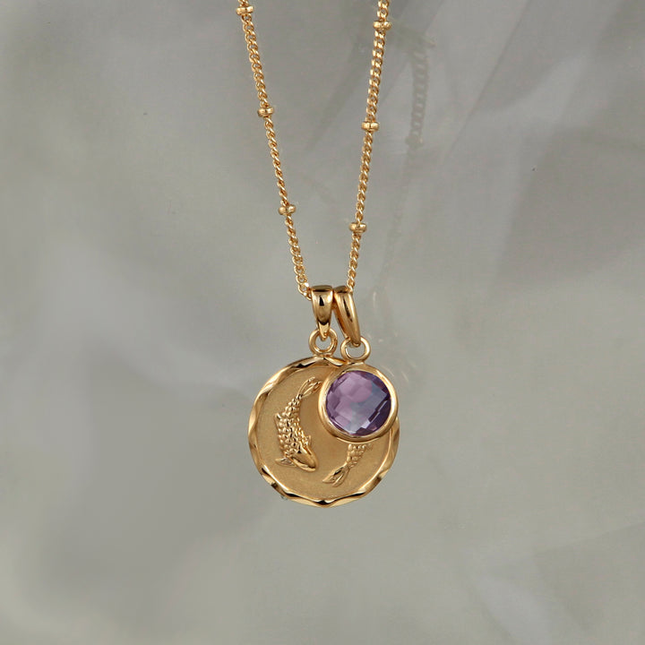 Gold zodiac necklace with pisces star sign and amethyst february charm on gray background