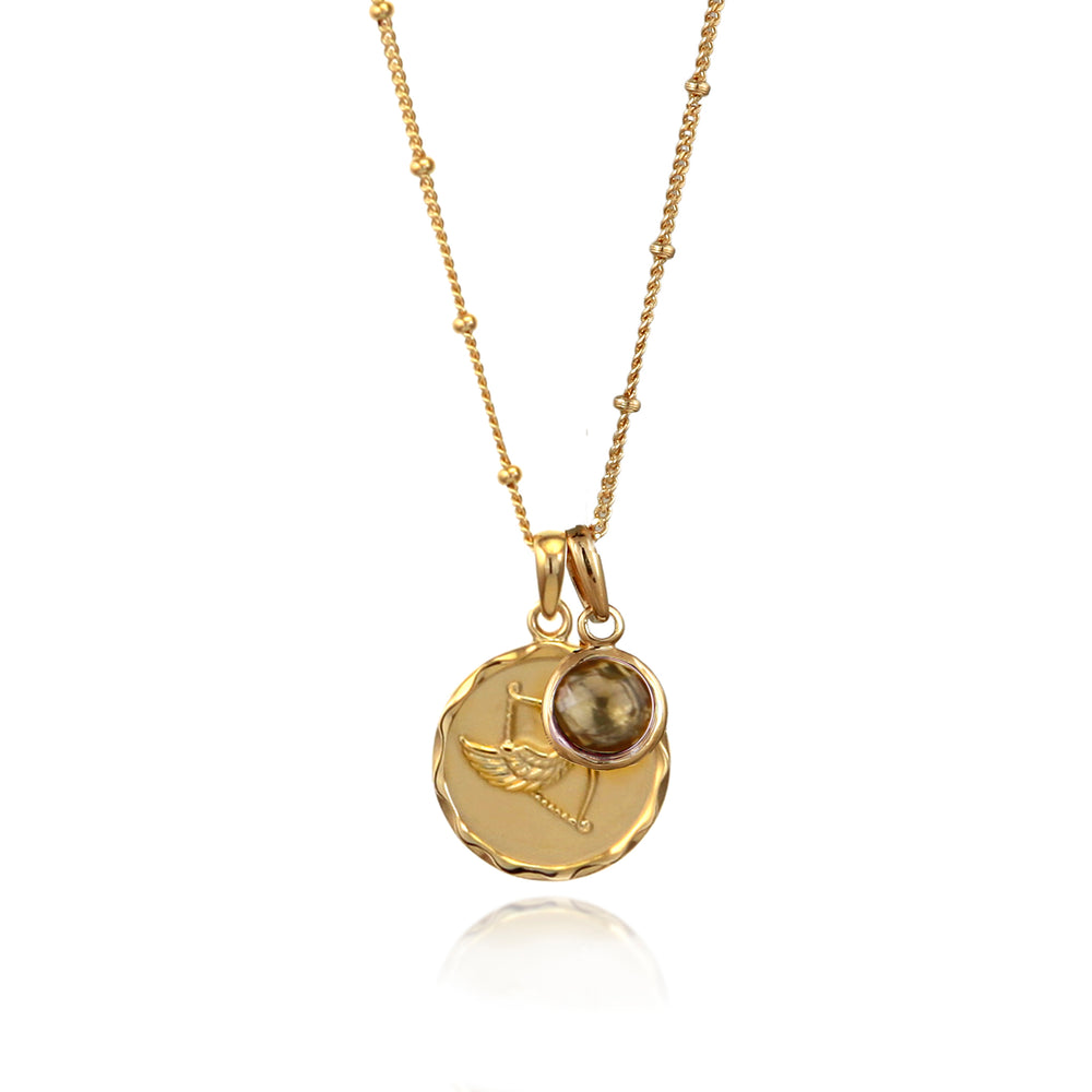Gold Sagittarius zodiac star sign necklace with smoky quartz November birthstone charm