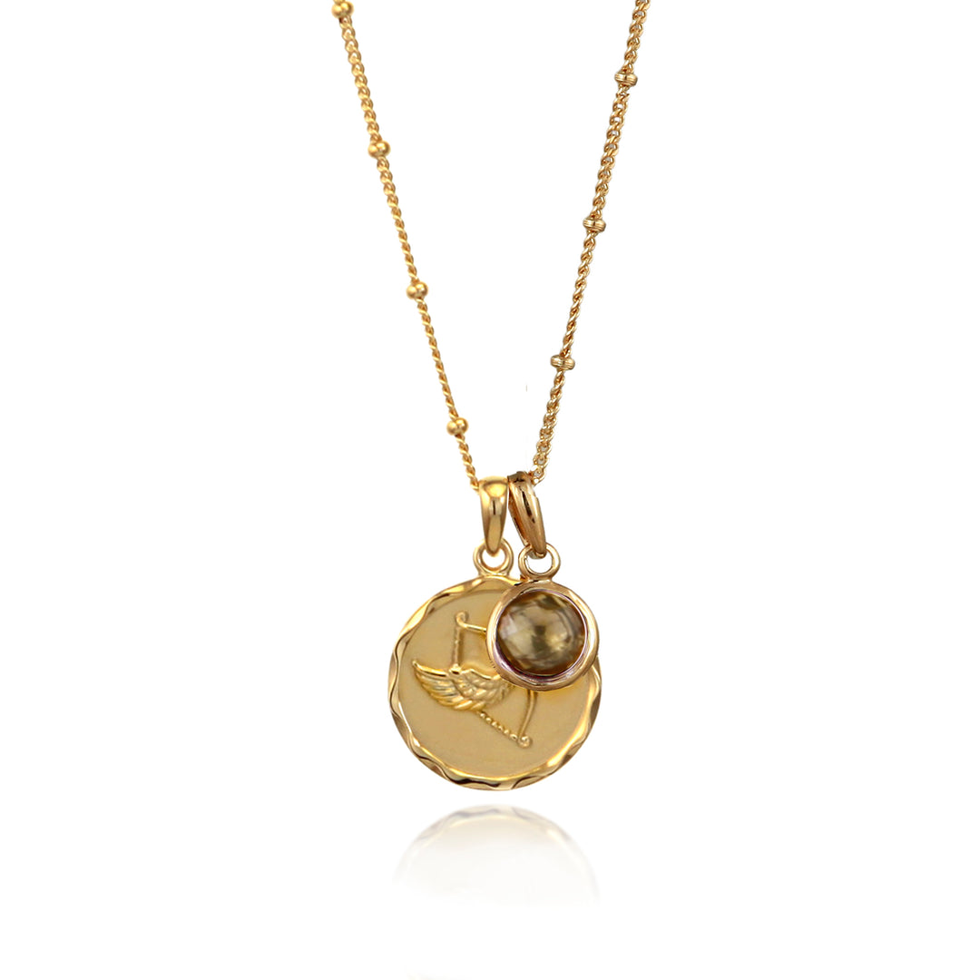Gold Sagittarius zodiac star sign necklace with smoky quartz November birthstone charm