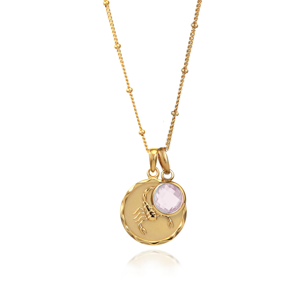 Gold Scorpio zodiac star sign necklace with rose quartz October birthstone charm