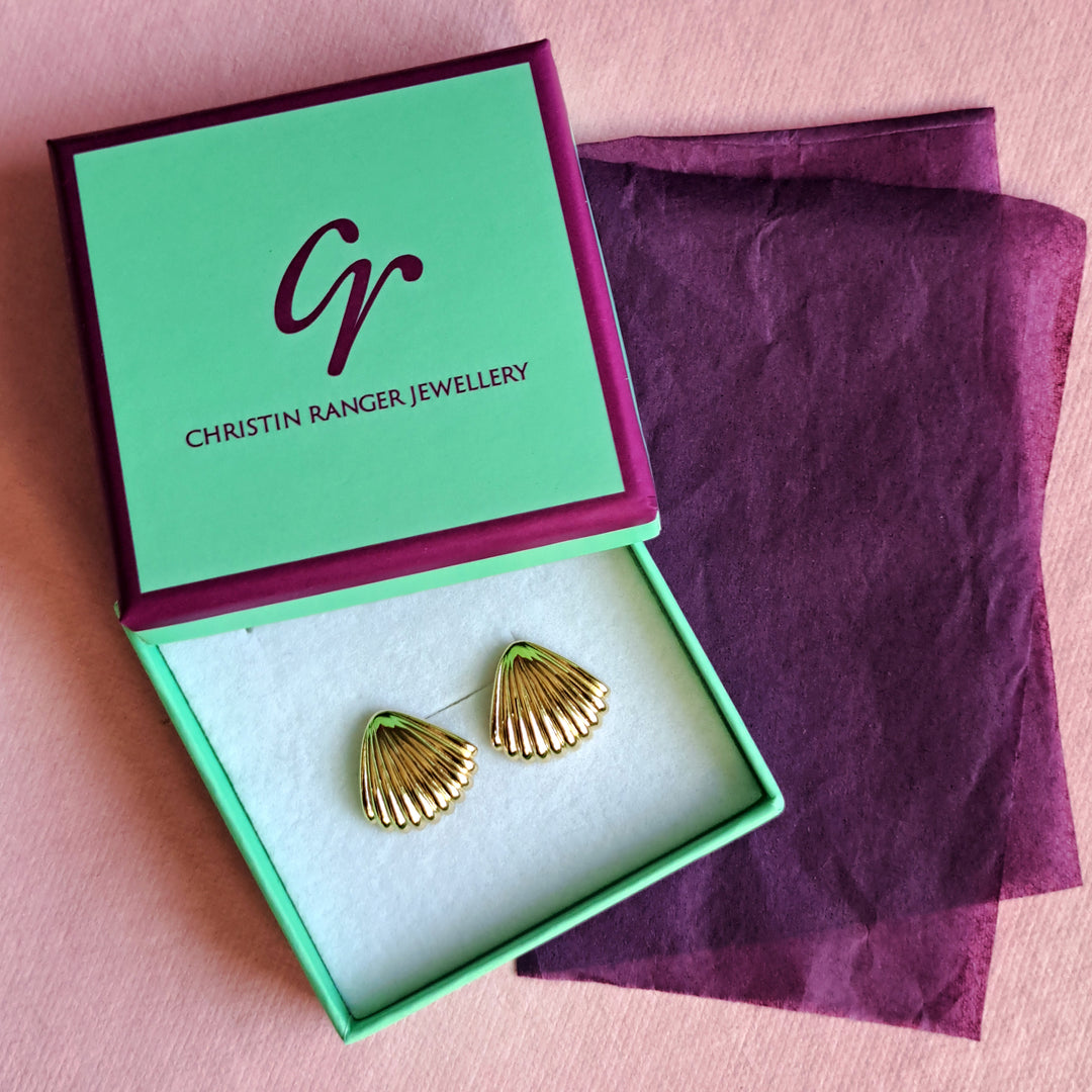 18ct gold vermeil seashell stud earrings in Christin Ranger Jewellery gift packaging