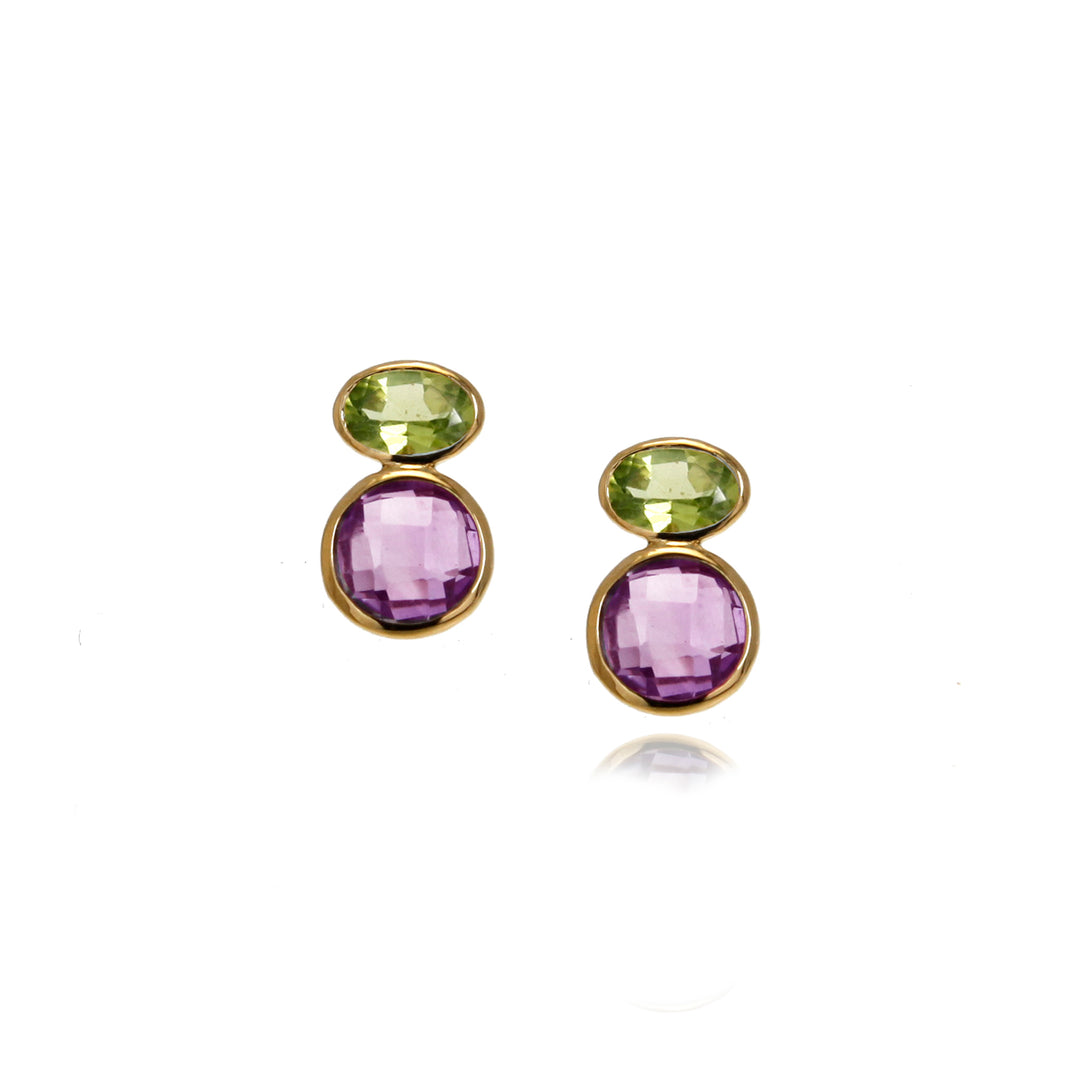 Pair of gold vermeil stud earrings with green and purple gemstones on a white background