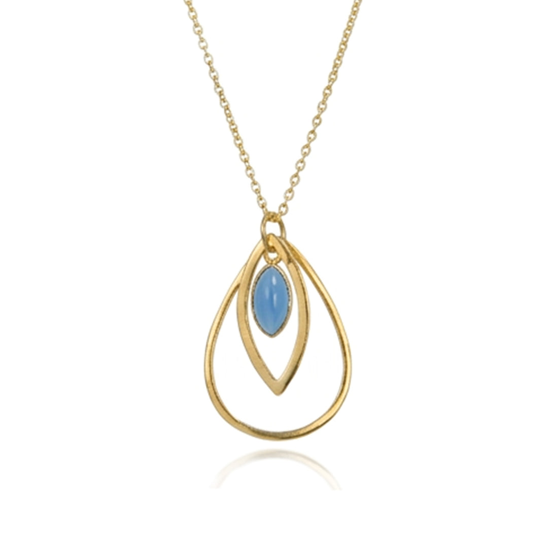 Gold teardrop shaped pendant with a blue caledonia cabochon gemstone with chain.