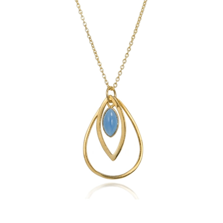 Gold teardrop shaped pendant with a blue caledonia cabochon gemstone with chain.