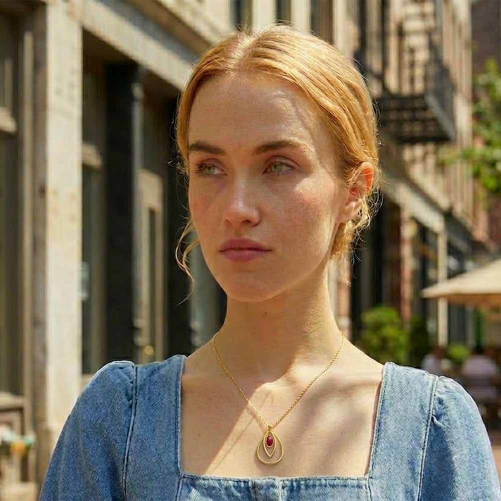 Model wearing a gold peardrop-shaped pendant with a garnet gemstone in a city street.