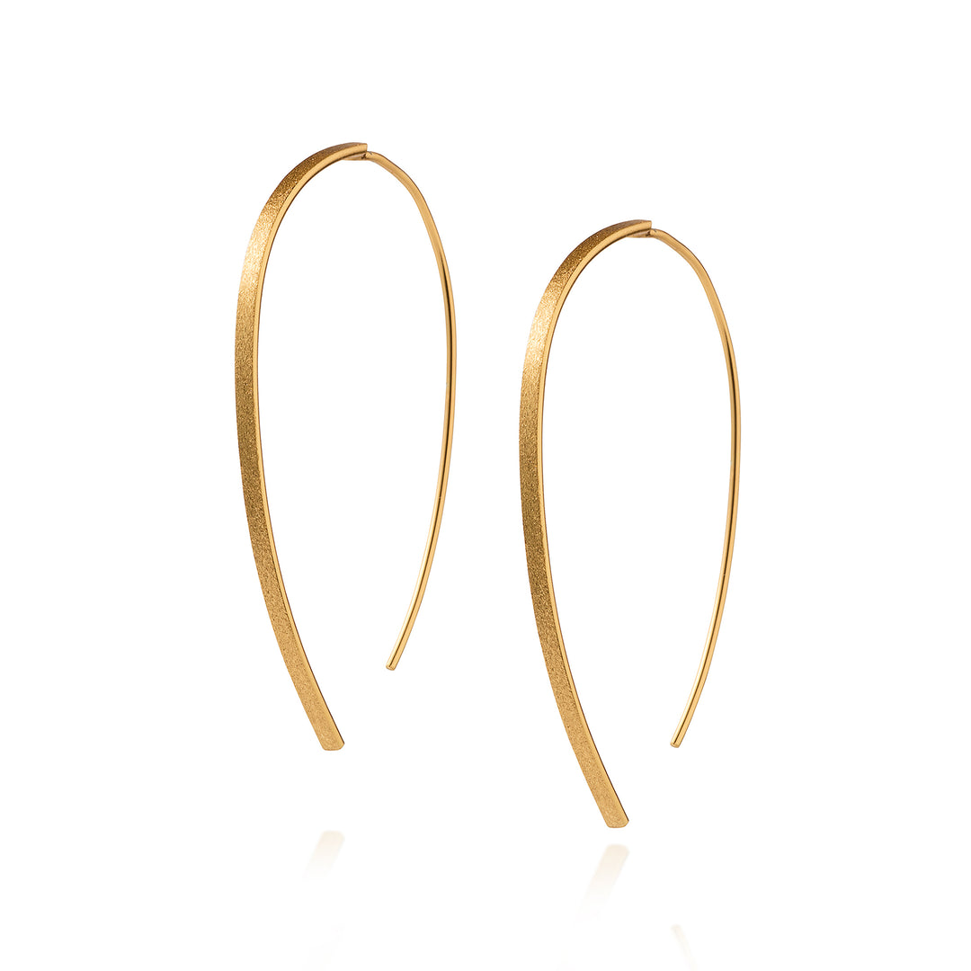 Gold threader hoop earrings on a white background