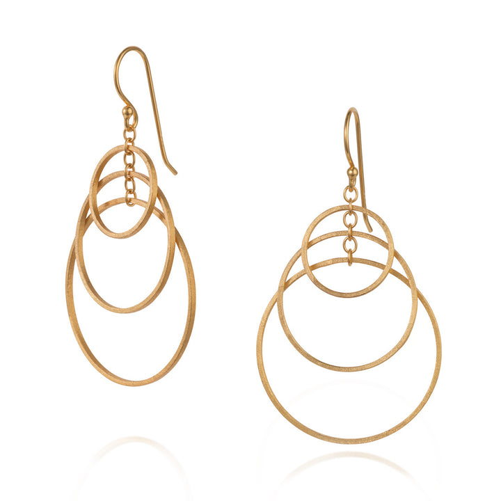 Gold triple hoop drop earrings in 18ct gold vermeil