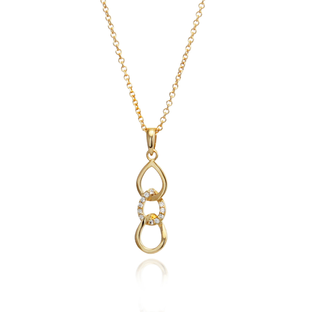 Gold necklace with a teardrop-shaped pendant with cubic zirconia pave on a white background