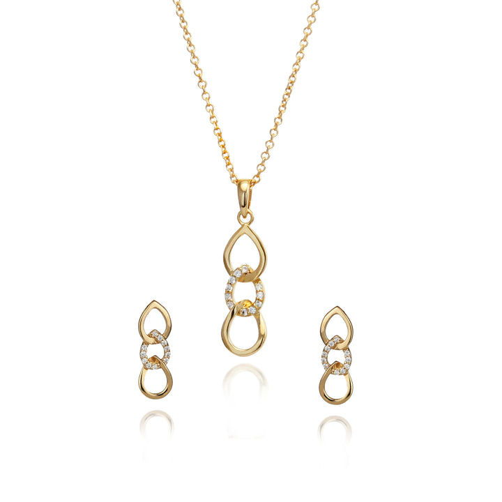 Gold necklace and matching drop earrings with a teardrop-shaped design, featuring clear rhinestone accents on a white background.