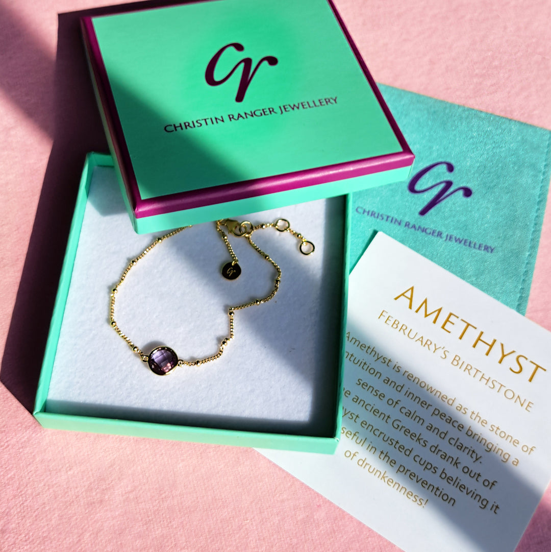 Gold vermeil beaded chain bracelet with amethyst in a Christin Ranger gift bos with card