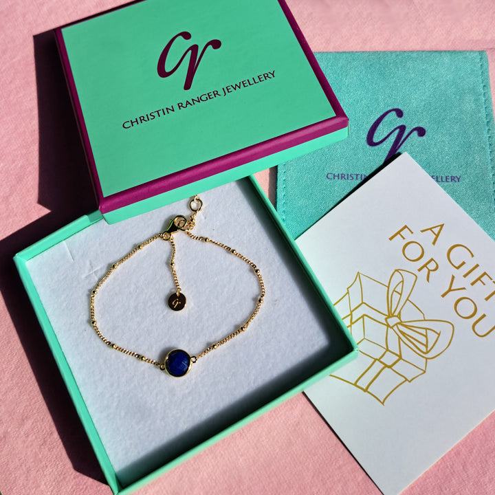 Gold vermeil beaded chain bracelet with lapis lazuli  in a Christin Ranger gift box with card