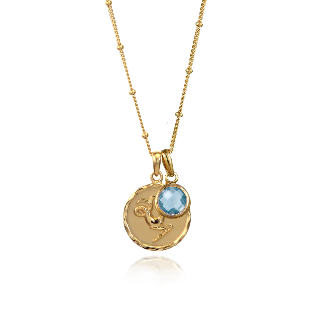 18ct gold vermeil Capricorn zodiac star sign pendant necklace with blue topaz December birthstone charm