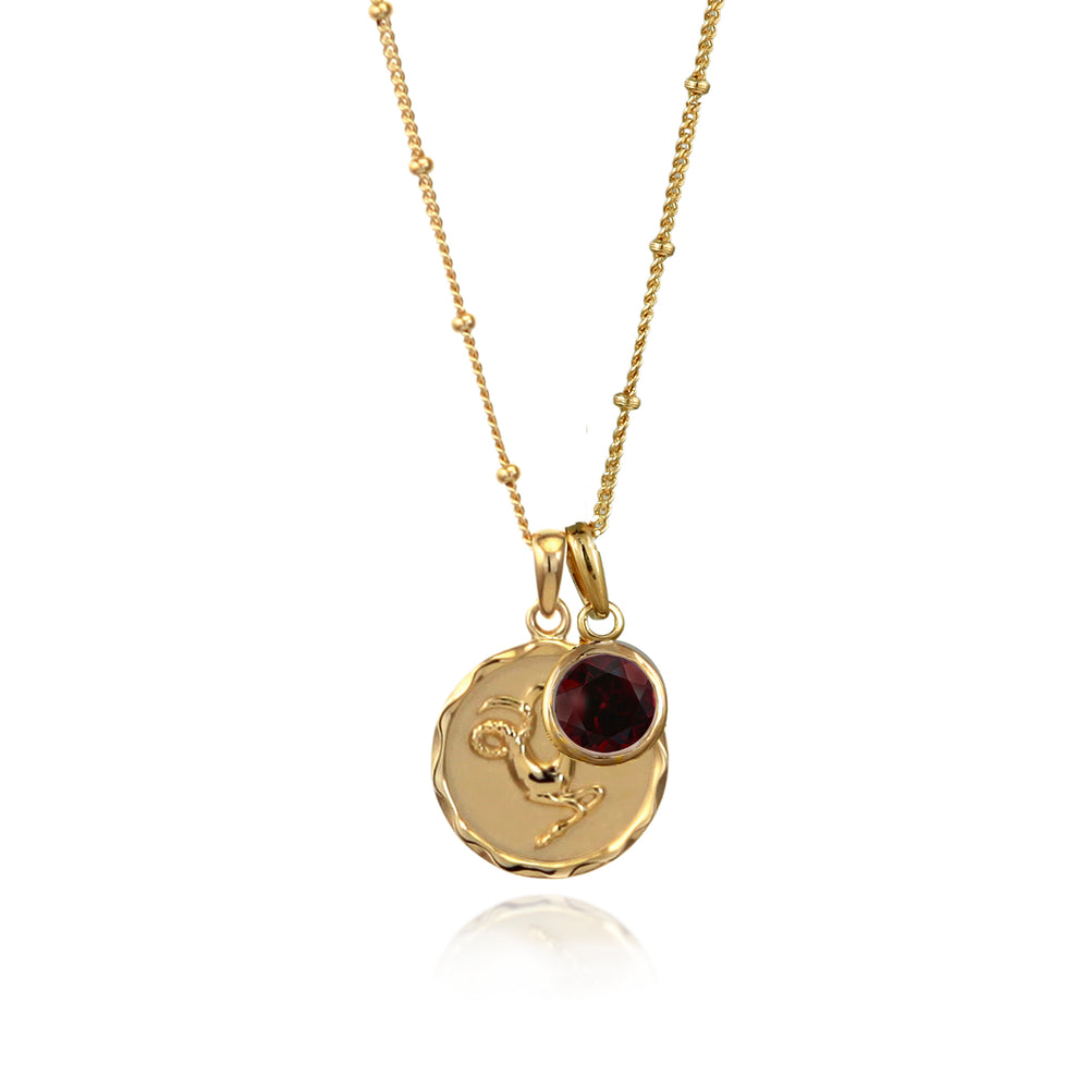 18ct gold vermeil Capricorn zodiac star sign pendant necklace with garnet January birthstone charm