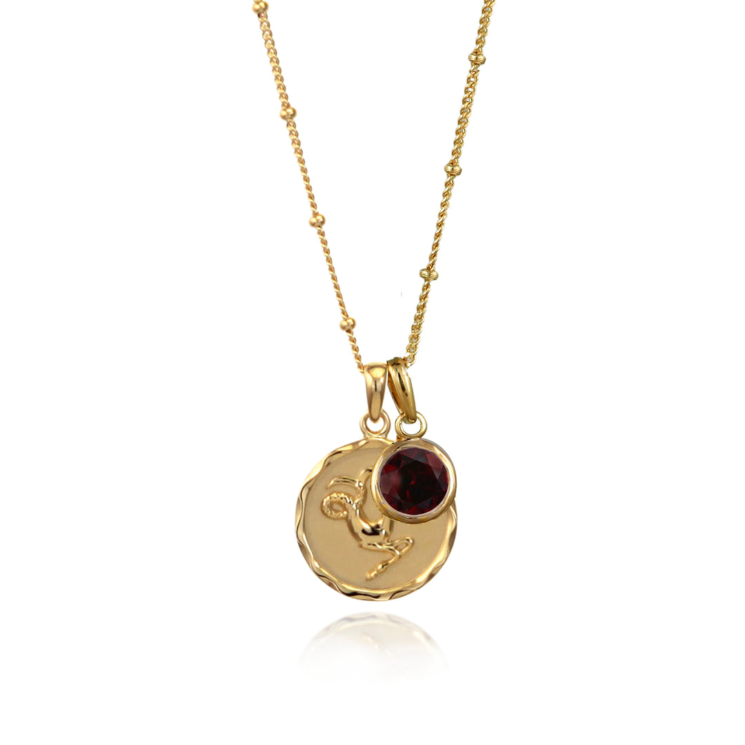 18ct gold vermeil Capricorn zodiac star sign pendant necklace with garnet January birthstone charm