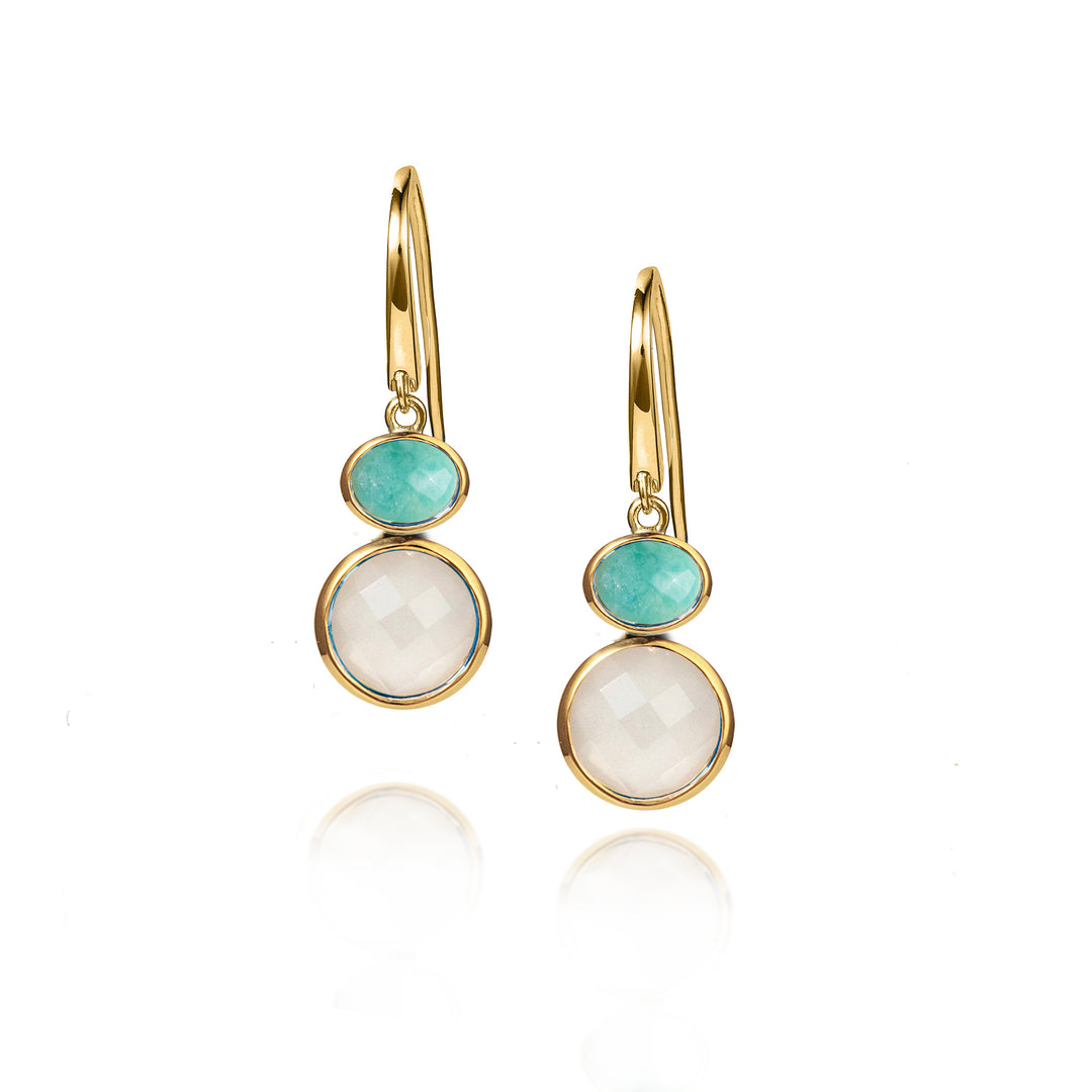Gold earrings with turquoise and white stones on a white background